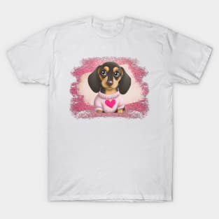 Dachshund Puppy Wearing Pink Sweater T-Shirt